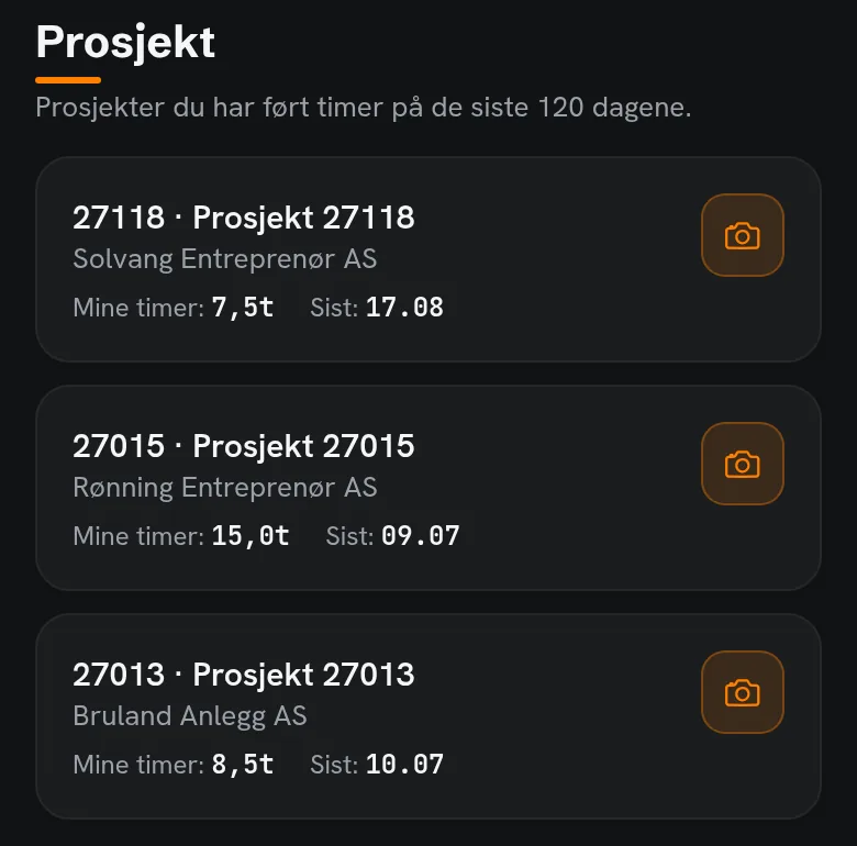 Mobilappen: prosjektene den ansatte har ført timer på, med egne timer og dato for siste føring.